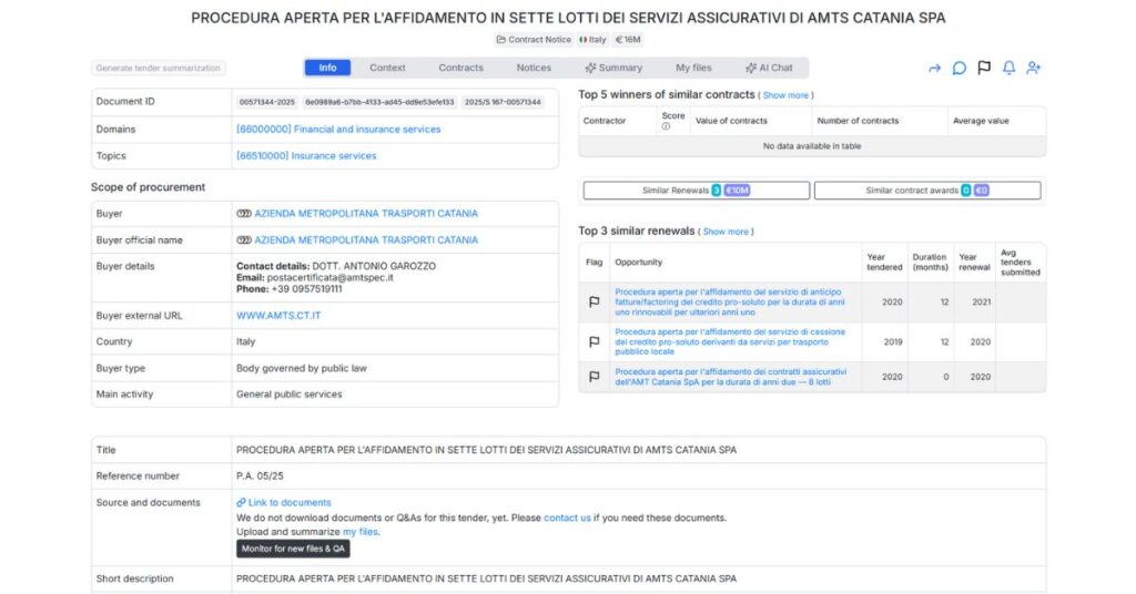 PROCEDURA APERTA PER L'AFFIDAMENTO IN SETTE LOTTI DEI SERVIZI ASSICURATIVI DI AMTS CATANIA SPA - tender opportunity
