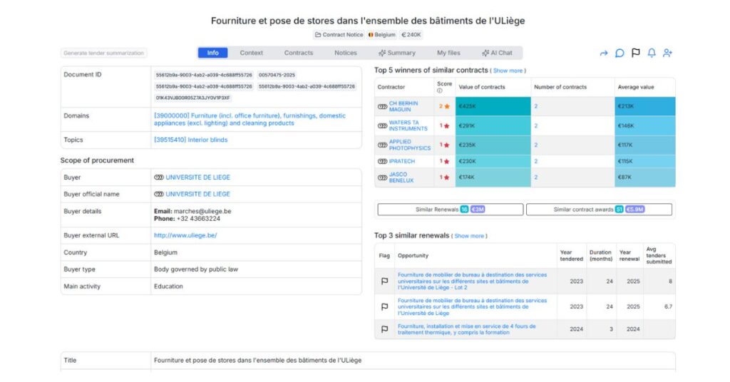 Université de Liège Interior Blinds Framework Agreement – €240,000 Public Tender Analysis