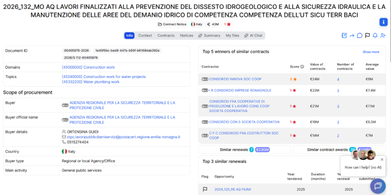 Agenzia Regionale per la Sicurezza Territoriale e la Protezione Civile public tender for hydrogeological risk prevention and hydraulic safety works in Modena